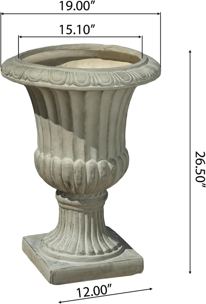 Large Urn Planter Outdoor 26.5" - Antique White Italian Garden Urn Flower Pot, Magnesium Oxide Pedestal Planters for