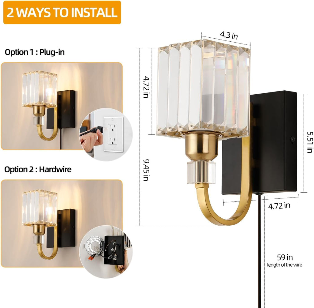 Modern Crystal Wall Sconce with Plug，Black Gold Wall Mounted Light Fixture, Plug-in Vanity Light with On/Off Switch