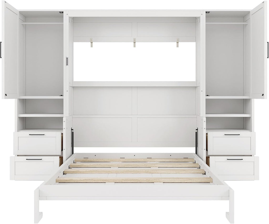 Queen Murphy Bed with Desk, Closet, Drawers and Shelves, Fold into the Wall, Space-Saving Foldable Wood Platform Bed