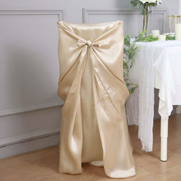 Beige Chair Covers for Party 5 PCS Satin Self Tie Universal Banquet Wedding Folding Chair Cover for Dining Chairs