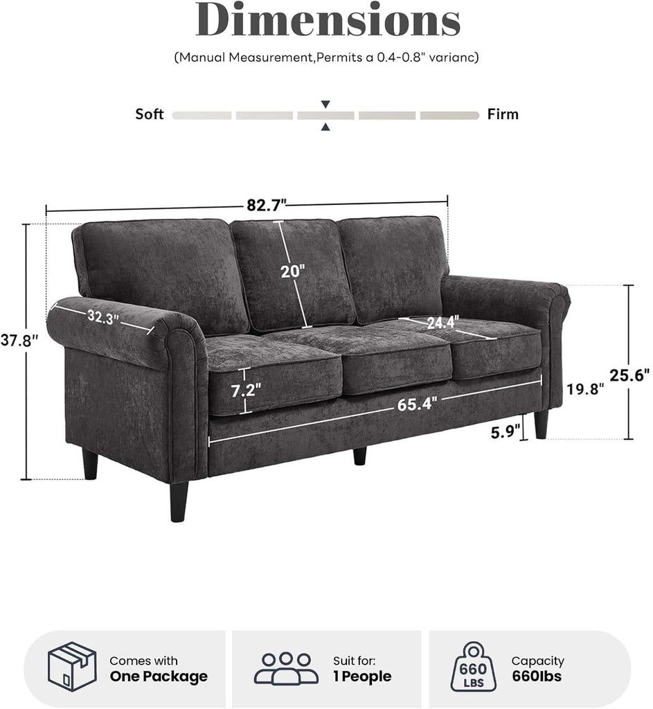 3 Seater Couch, Mid Century Modern Sofa with Rolled Arms and Deep Seats, Fluffy Comfort for Living Room
