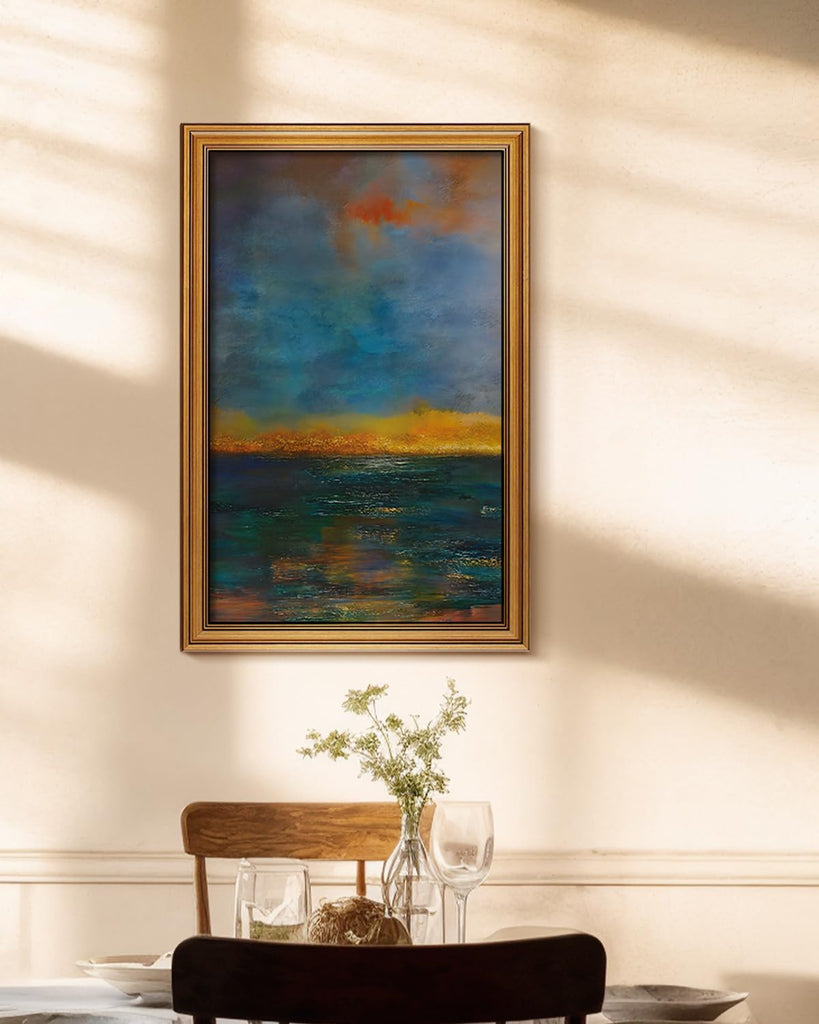 Abstract Ocean Wall Art 16x24 Framed Canvas Print with Golden Vintage Frame, Waves Sun Sky Art Modern Seascape Oil