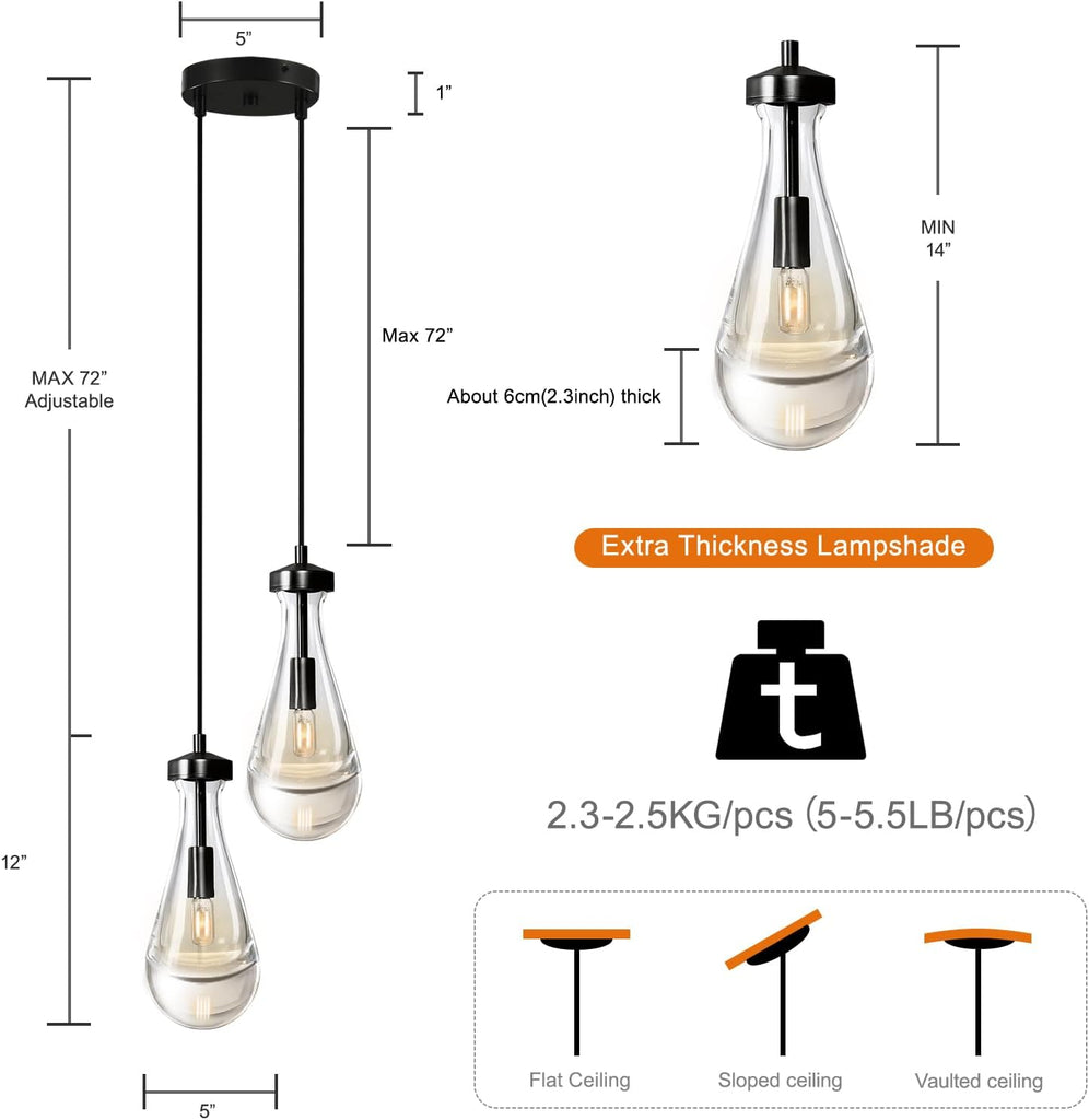 Raindrop Pendant Lights Kitchen Island Teardrop Black Hanging Light Fixtures Clear Solid Glass Pendant Light Modern Chandeliers for Dining Room Porch Corridor Living Room (2-Light)