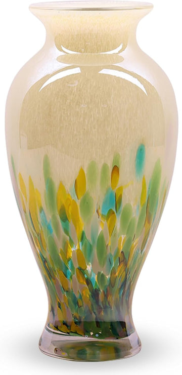 Hand Blown Glass Vase 11.8" Tall Beautiful Green Sea Wide Mouth Bud Vase for Table Centerpiece, Painted Colorful