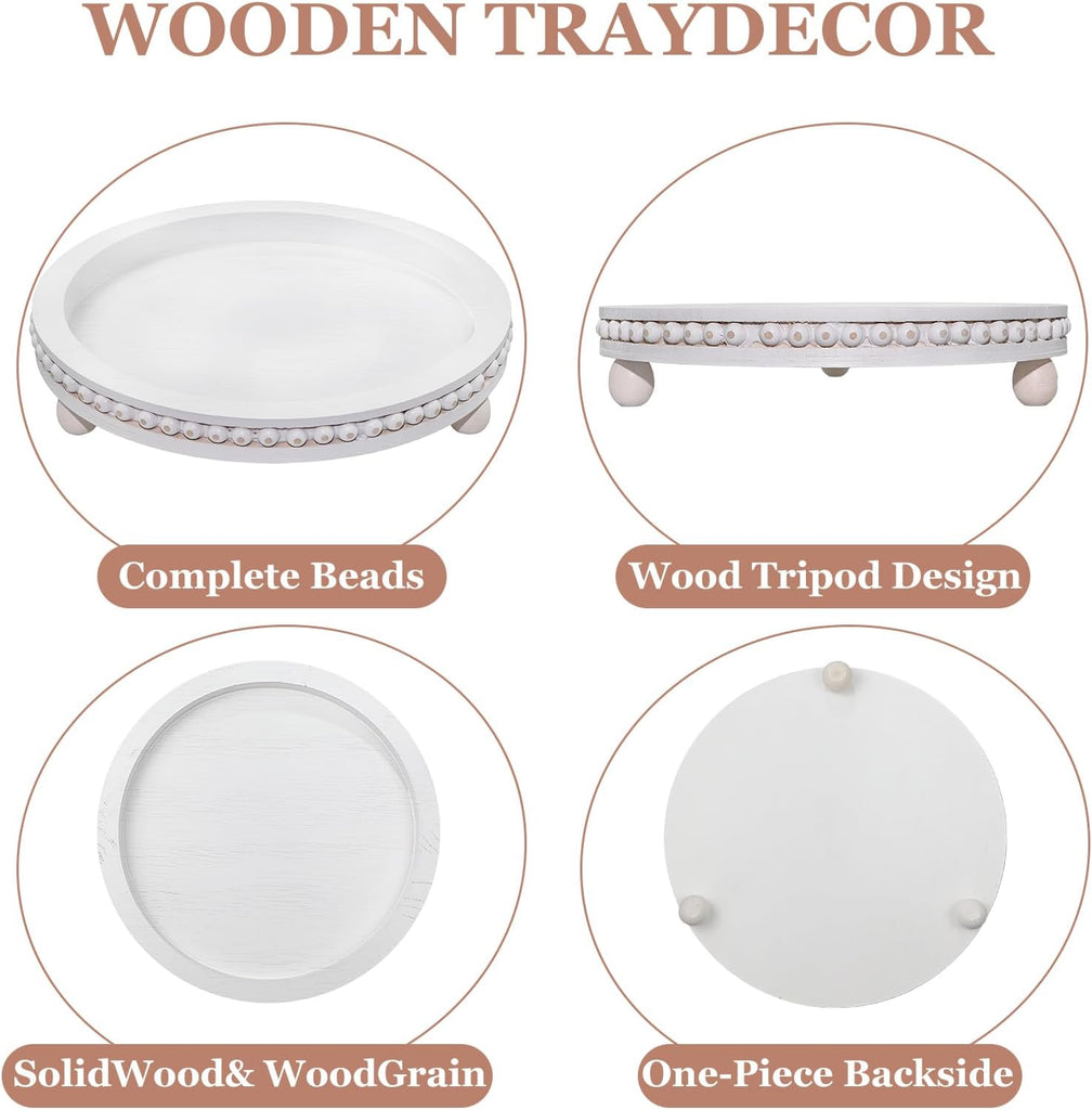 11.8 Inch Round Wooden Decorative Tray, Distressed White Farmhouse Beaded Tray for Coffee Table, Rustic Wood
