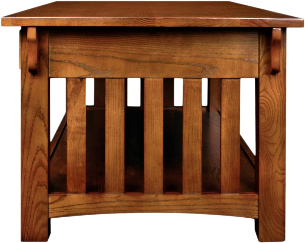 Mission Impeccable Coffee Table, Solid Wood with 2 Drawers & Shelf, Medium Oak Finish, Blackened Hardware