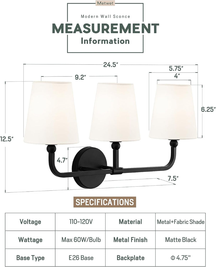 Bathroom Light Fixtures, Matte Black Vanity Lights with Flared White Fabric Shade, 3 Light Wall Sconce, Modern
