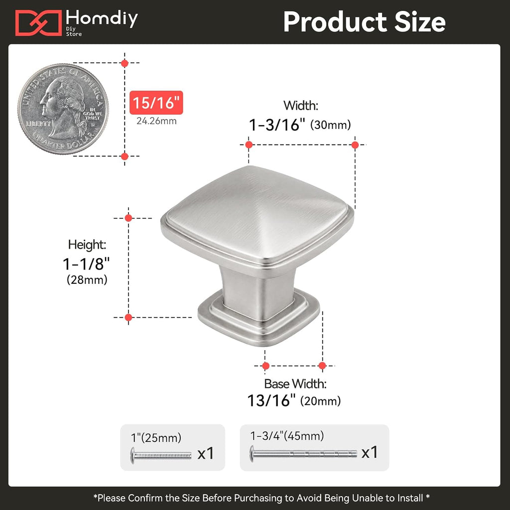 30 Pack Cabinet Knobs Brushed Nickel Drawer Knobs Silver Square Kitchen Hardware Satin Nickel Door Handles ,Zinc Alloy