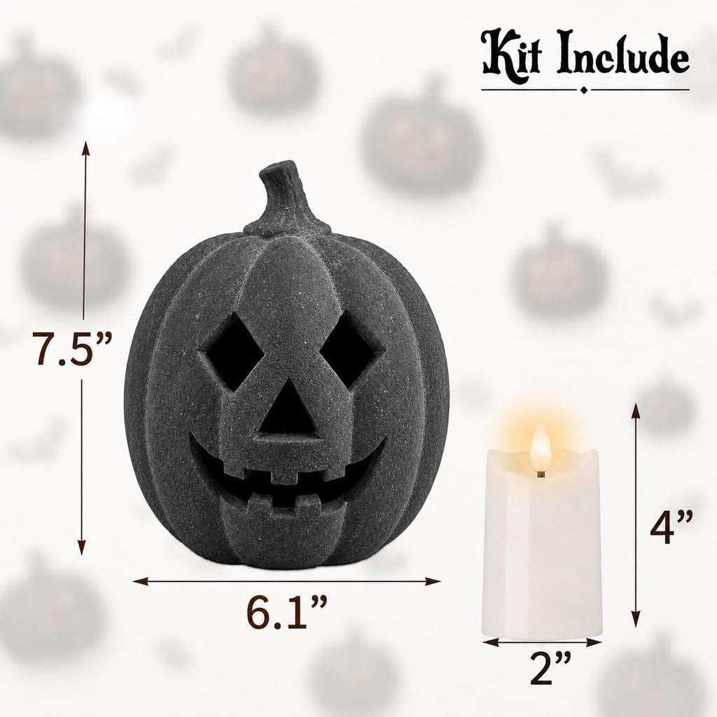 Halloween Decorations - Fall Decor - Black Handmade Terracotta Pumpkin Jack O' Lantern with Flameless Candle - Cute