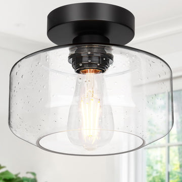 Industrial Semi Flush Mount Ceiling Light, 800 Lumen LED Bulb Included, Seeded Glass Shade Farmhouse Light Fixture