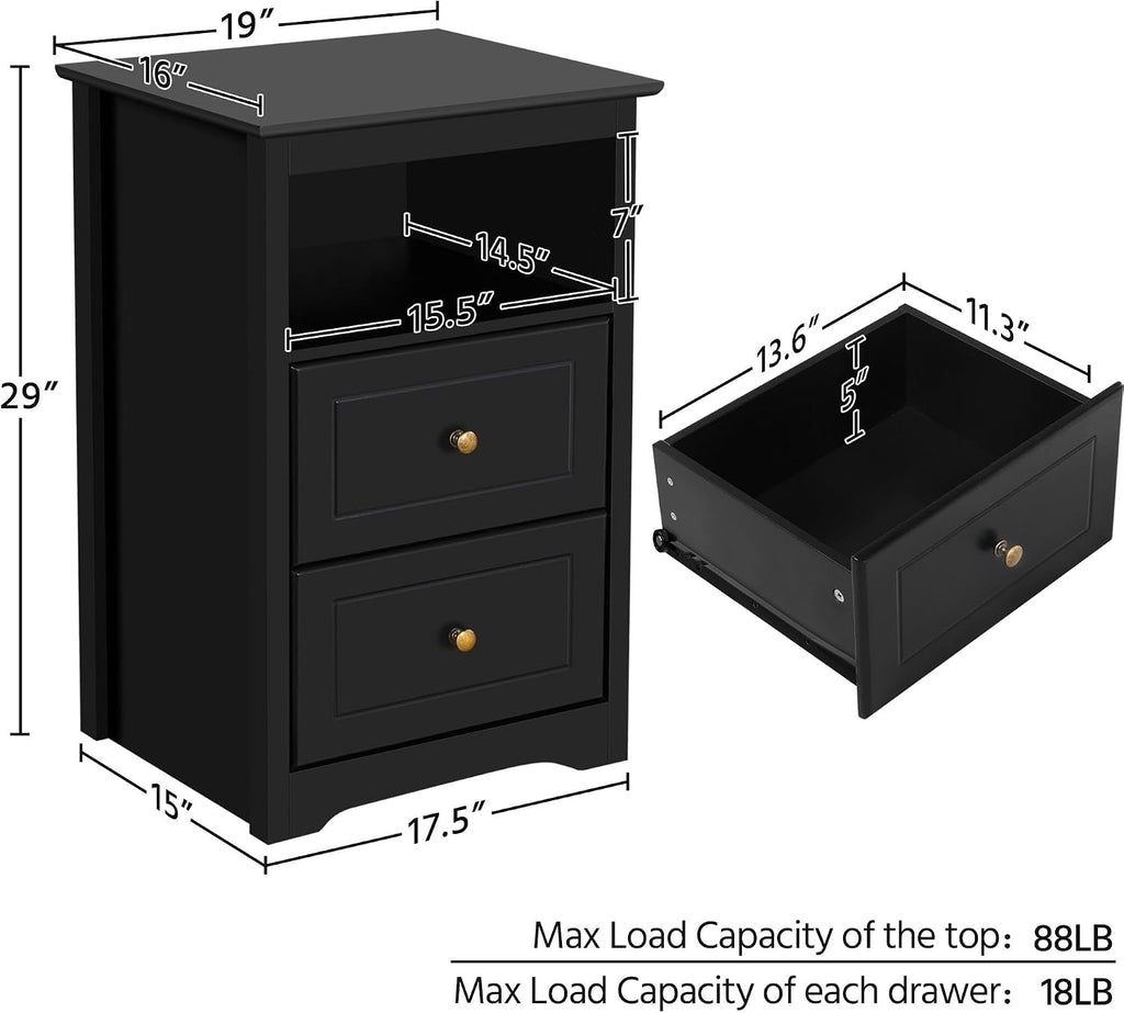 Nightstand Set of 2, Wooden Bedside Tables with 2 Drawer and Cubby, 2Pcs Tall Nightstand Small Space, Bedside Cabinet