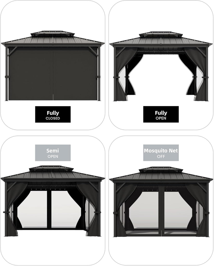 10x12 FT Hardtop Gazebo with Curtains and Netting, Galvanized Steel Double Vented Roof