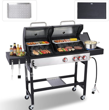 3-Burner Propane and Charcoal Grill Combo with Side Burner, 41,500 BTU BBQ Grill with Cast Iron Grates for Patio, Garden, Balcony, or Camping