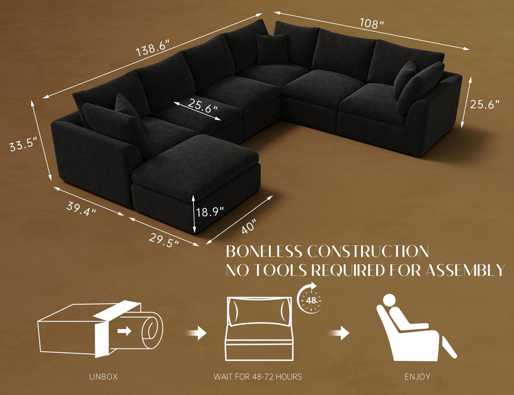 Oversized Sectional Couches, Cloud Boneless Couch, 7 Seater Large Modular Sectional Sofa, Black