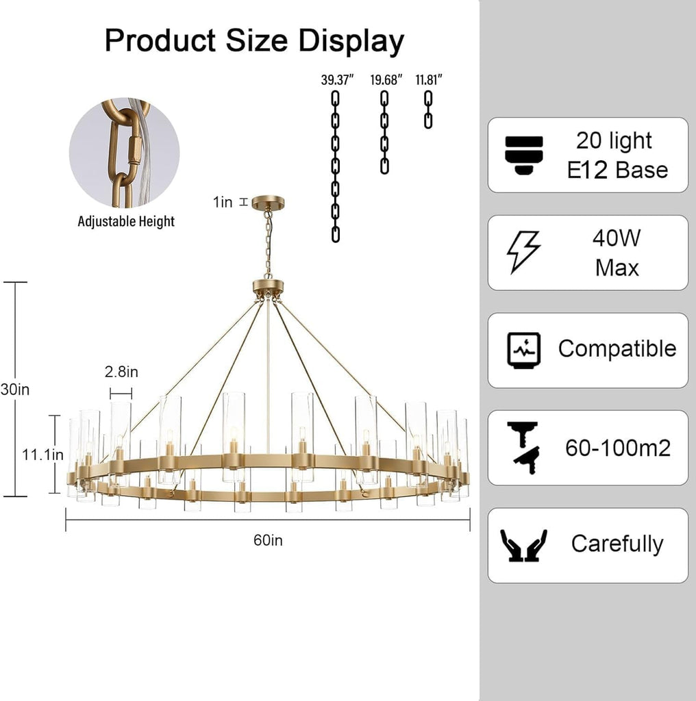 Inspired Ravelle Style 20-Lights Gold Chandelier,Wagon Wheel Chandelier with Glass Shade, 60 Inch Large Round Industrial High Ceilings Pendant Lighting Fixture for Dining Room, Living Room, Kitchen Island, Foyer