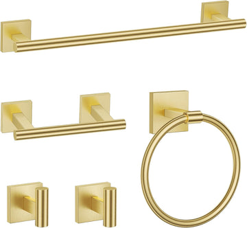 Brushed Gold 5 Piece Bathroom Hardware Accessories Set, SUS304 Stainless Steel Bath Towel Bar Set, 24 Inch Round