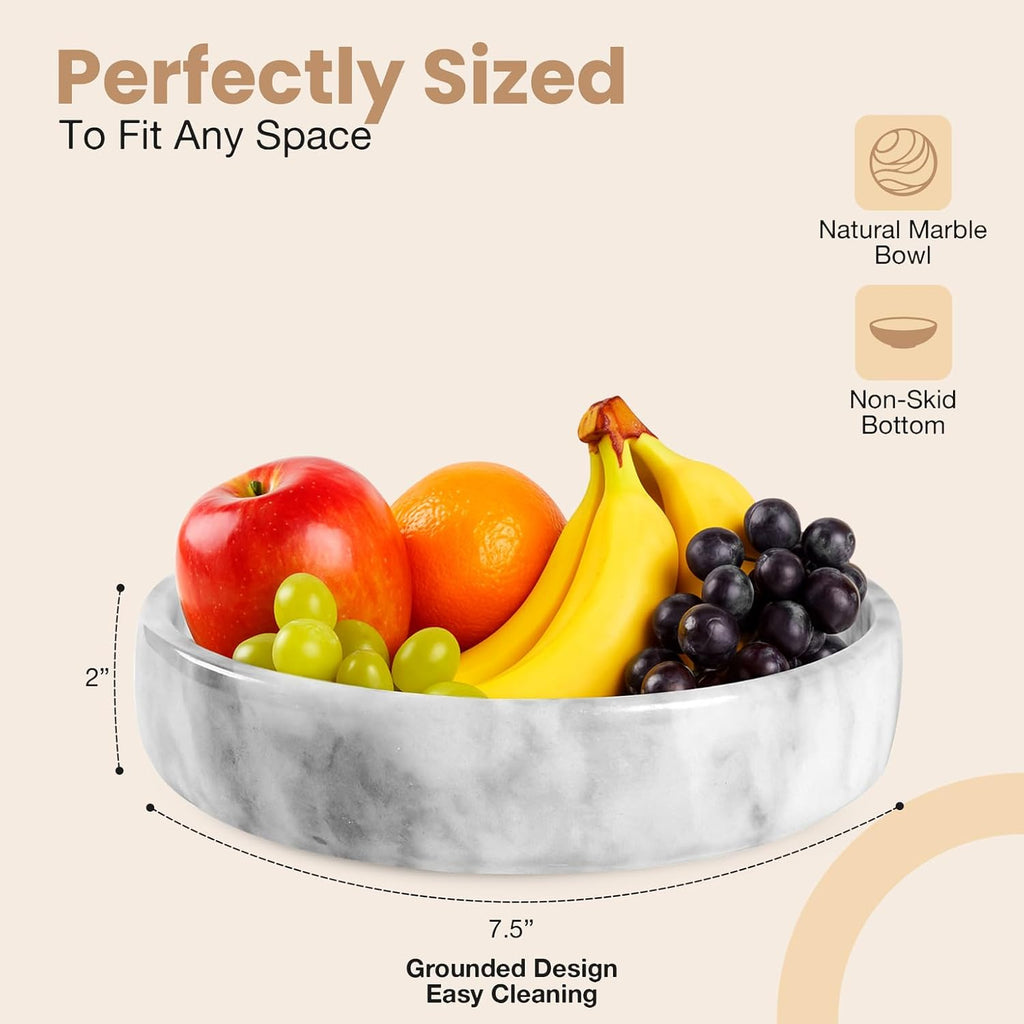 Marble Decorative Bowl - 7.5" White/Grey Solid Marble Centerpiece - Stone Fruit Bowl - Catch-All or Key Bowl - Modern