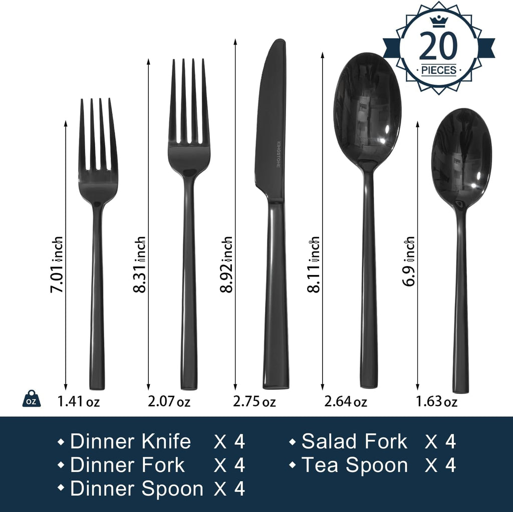 Black Silverware Set, 20-Piece Forged Flatware Set Cutlery Set Premium Stainless Steel, Service for 4