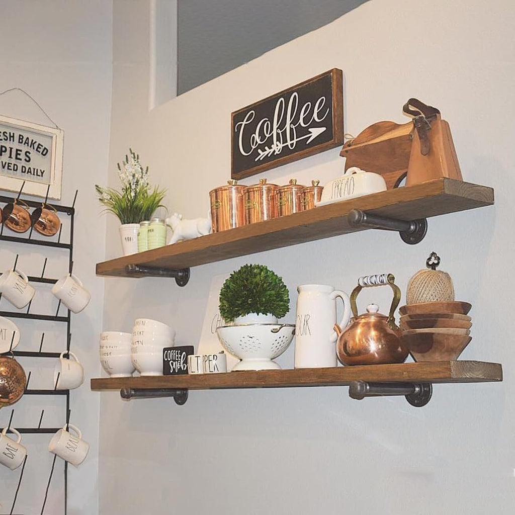 48 inch Industrial Pipe Floating Shelves,Solid Pine Wood Wall Shelf | Solid Pine Wood,9.85" Extra Width,special