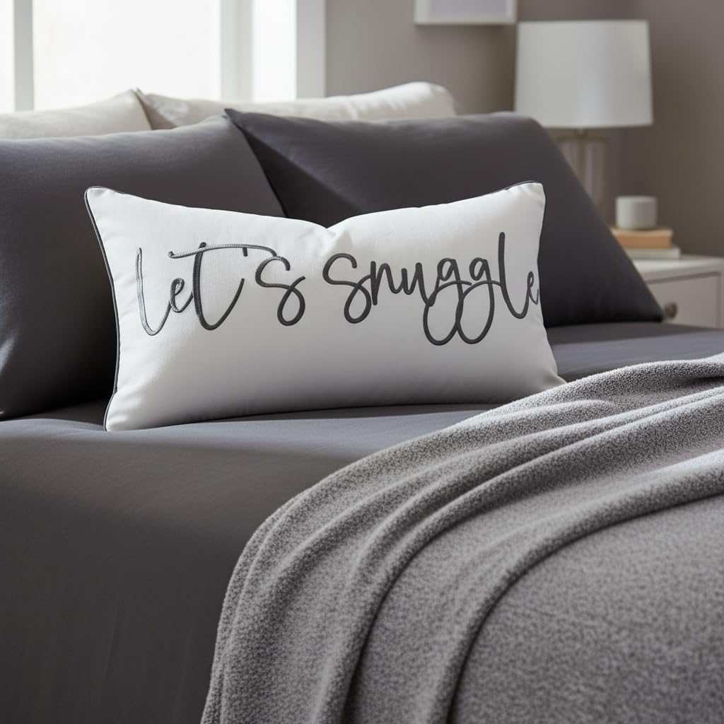 Let's Snuggle Decorative Lumbar Pillow Cover - 12x20 Inch White and Grey Cotton Embroidery Throw Pillowcase