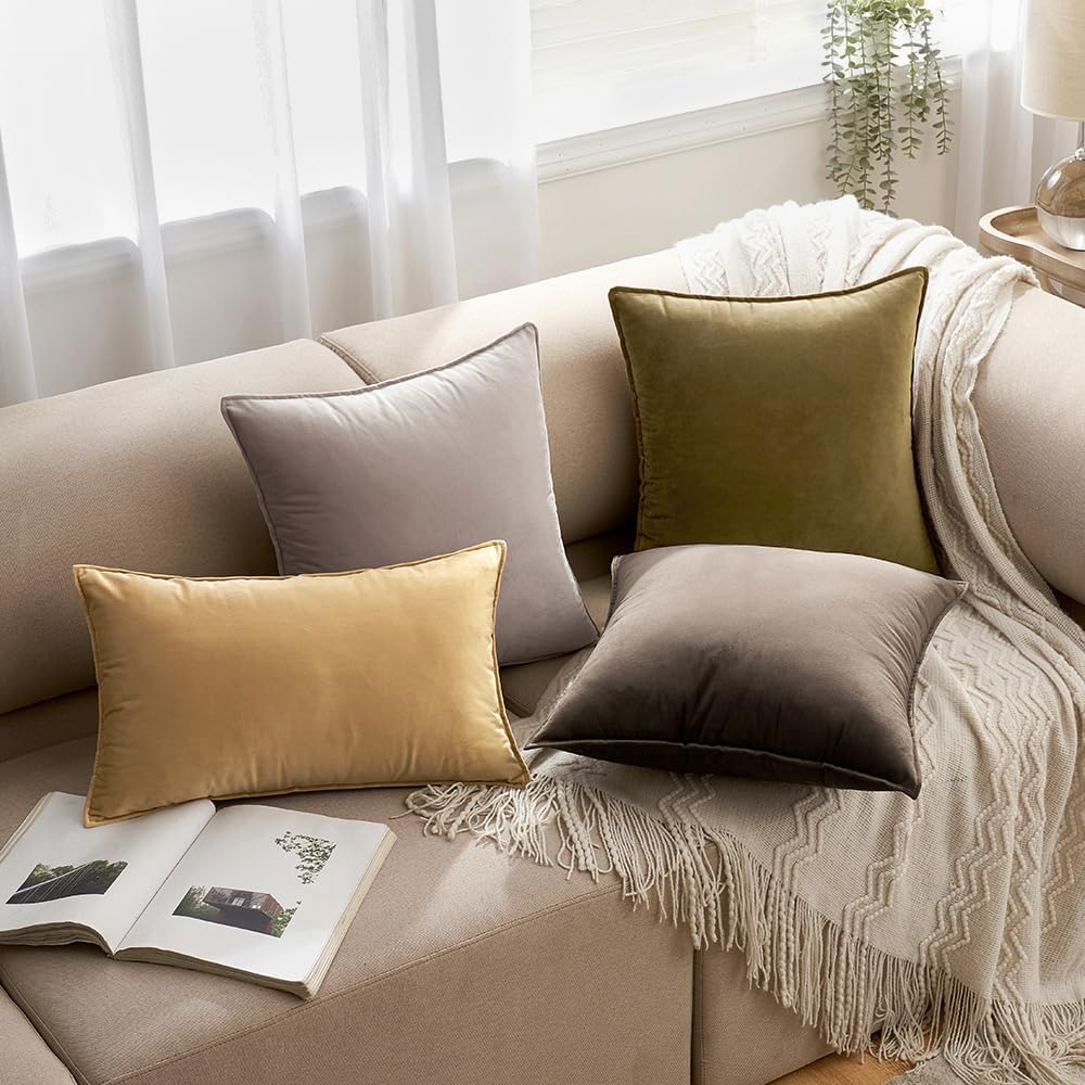 Olive Green Velvet Throw Pillow Covers 20x20 Soft Decorative Solid Square Cushion Cases Pack of 2 Modern Luxury Home