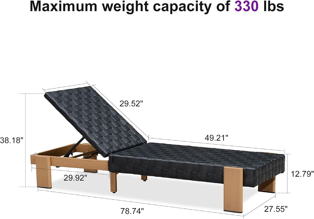 Patio Lounge Chair PU Leather Chaise Lounge Chairs 1PC, Black | Handwoven PU leather for less cracking peeling