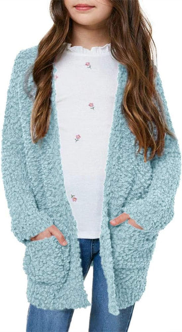 Girls Cardigan Open Front Popcorn Knit Long Sleeve Sweaters Coat