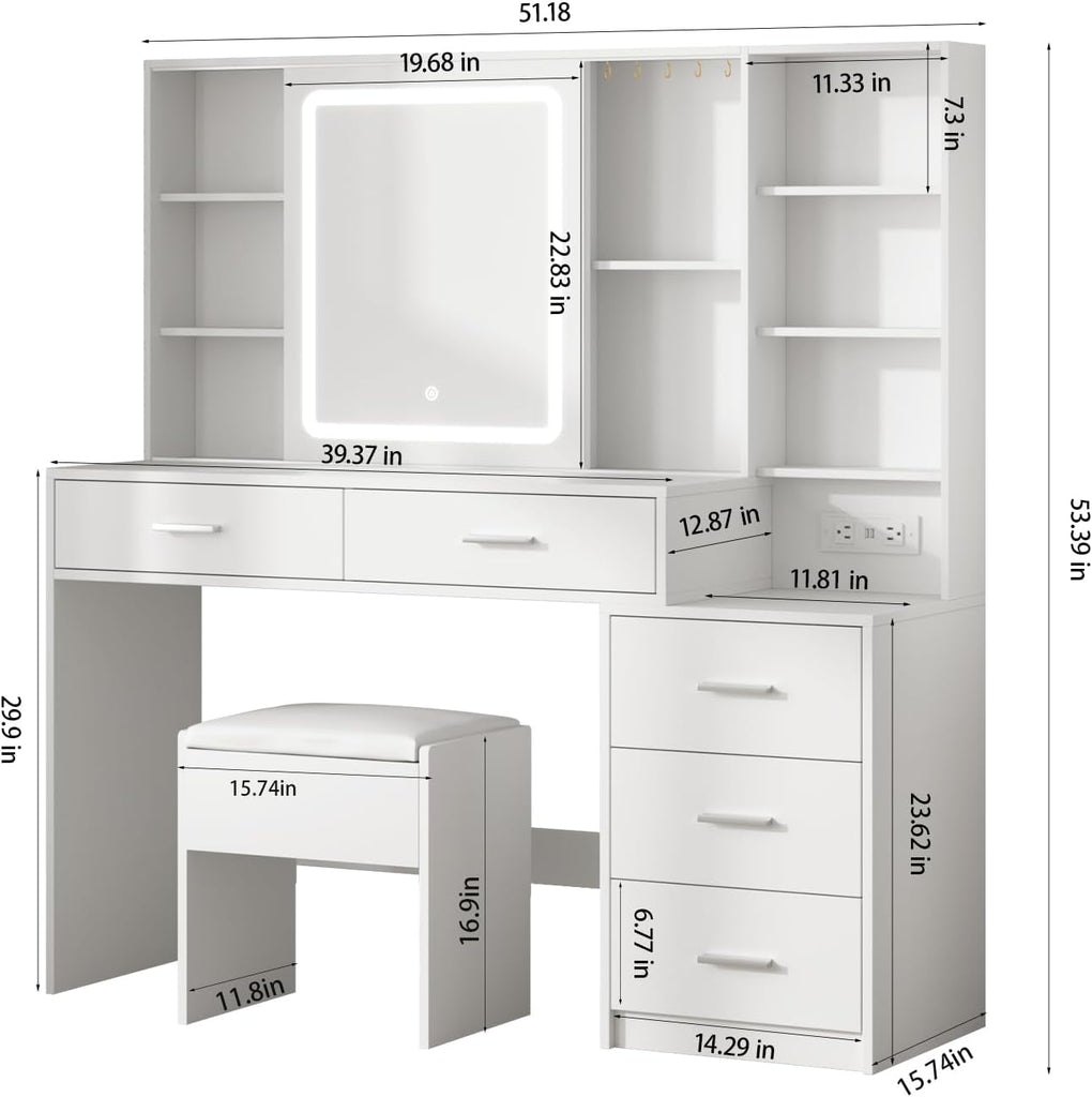Vanity Desk with Mirror and Lights, Makeup Vanity with 5 Drawers, Makeup Desk with Charging Station and Ample