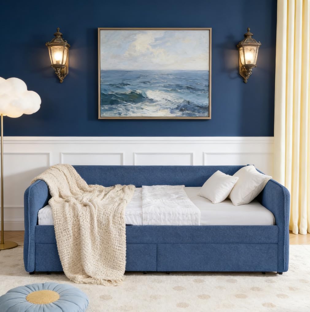 Queen daybed with 2 Drawers, Queen Corner Bed, Upholstered Bed Frame with 2 Drawers for Kids,Teens,Adults, Boucle, Blue