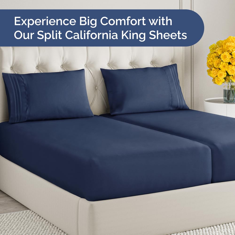 Split Cal King Bed Sheet Set - 5 Piece Split Cal King Sheets - Navy Blue