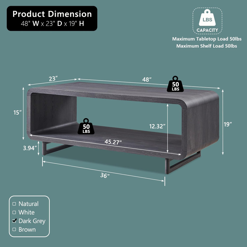 48" Modern Coffee Table, 2-Tier Minimalist Center Table with Storage Shelf, Curved Profile Design