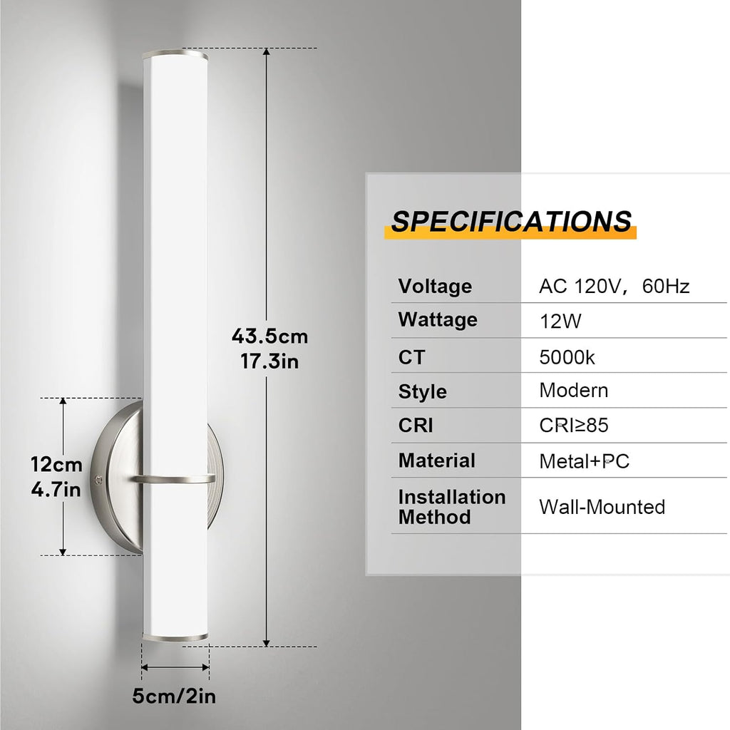 2-Pack 17.3" LED Vanity Light, 12W 1200LM 5000K Daylight Dimmable Bathroom Light Vertical or Horizontal, Modern