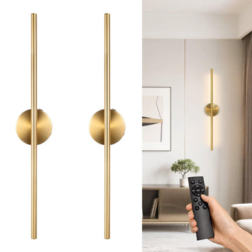 Rechargeable Wall Sconce Set of Two, Modern Wireless Brass Wall Light Sconce with Remote, 28.35Inch Dimmable Indoor