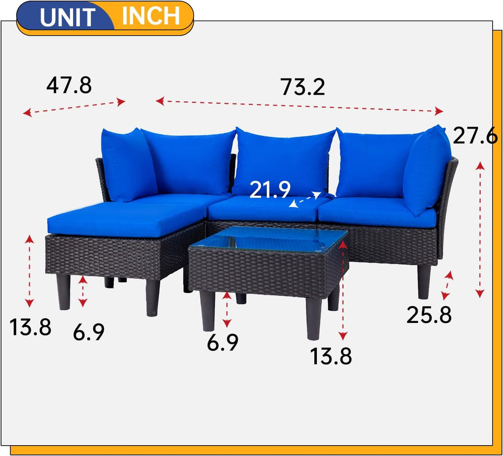5 Piece Patio Furniture Set, Outdoor Wicker Sectional Sofa Conversation Set with Glass Top Coffee Table - Blue
