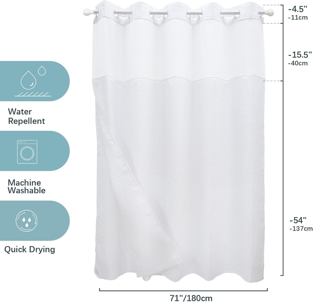 No Hook Waffle Weave Shower Curtain with Snap-in Fabric Liner Set | 71W x 74H,256GSM Waffle Weave White Hotel Grade