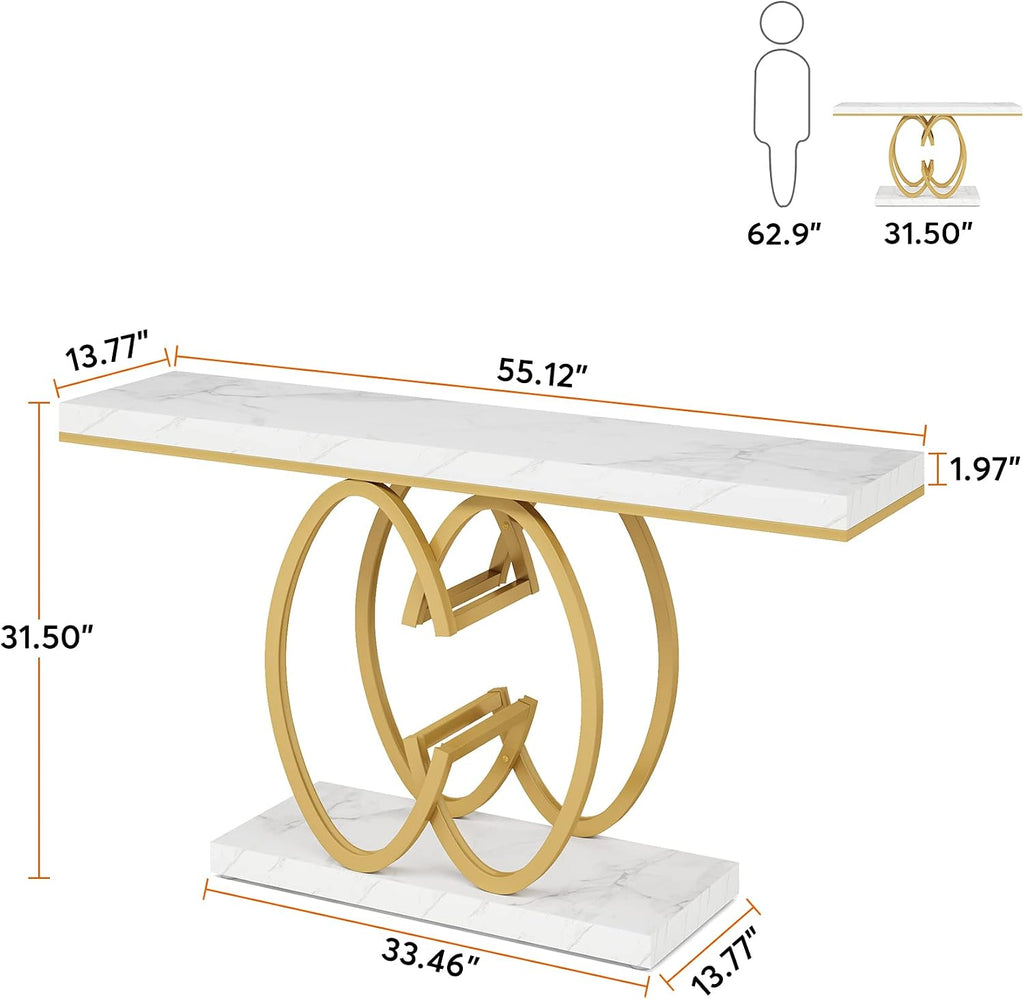 55 Inch Console Table , Faux Marble Gold Entryway Table with Geometric Metal Base, Modern Narrow Sofa Accent Table