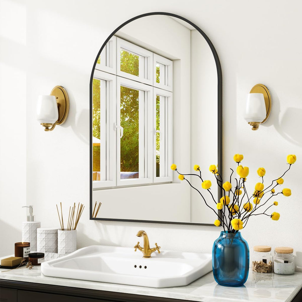 Arched Wall Mirror, 24 x 36 inch Arch Bathroom Mirror, Wall Mounted Vanity Mirror with Arch Metal Frame, Modern