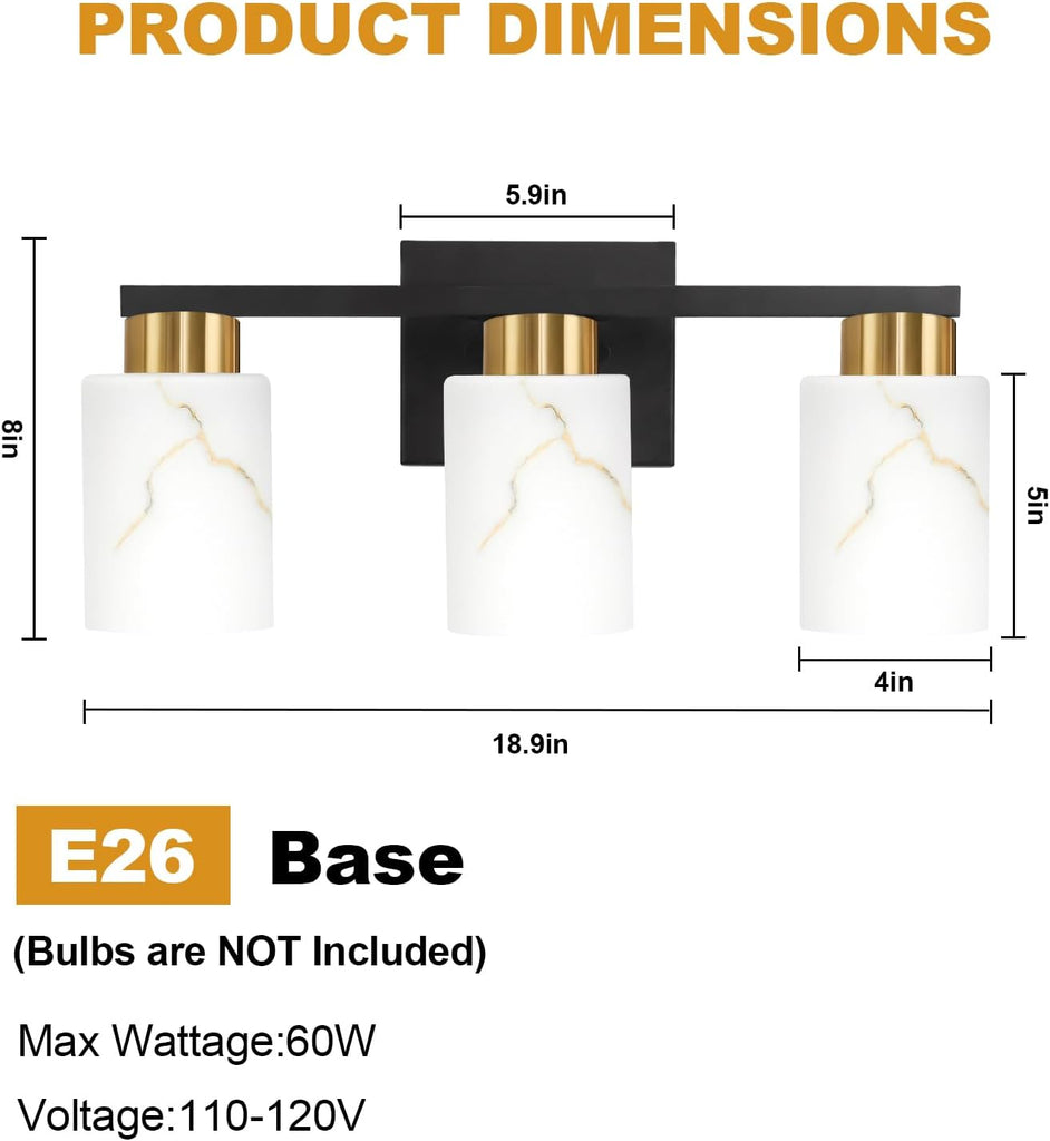 3-Light Bathroom Light Fixtures, Modern Vanity Lights, Black and Gold Metal Wall Lamp with White Marble Glass