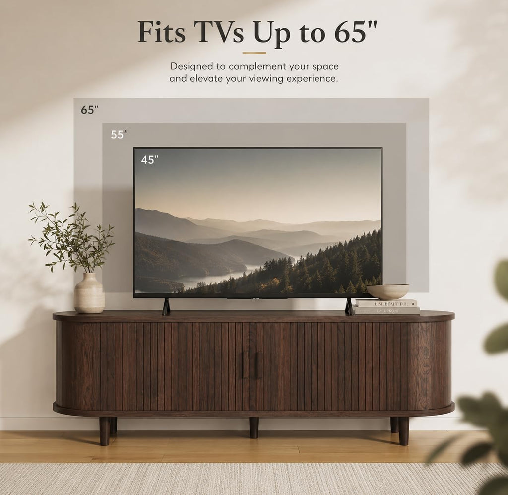 58" Mid-Century Modern TV Stand with Sliding Doors, TV Consoles with Power Outlet, Fluted Entertainment Center with Adjustable Shelves for Living Room