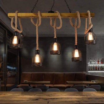 Industrial Farmhouse Linear Chandelier, 5-Light Wood Beam Island Pendant Light with Hemp Rope & Metal Cage Shades