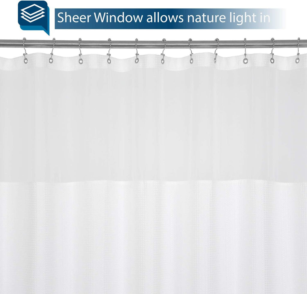 84x78 Large Extra Long and Wide Fabric Shower Curtain White | Sheer Window Top, Waffle Weave, 230GSM Heavyweight