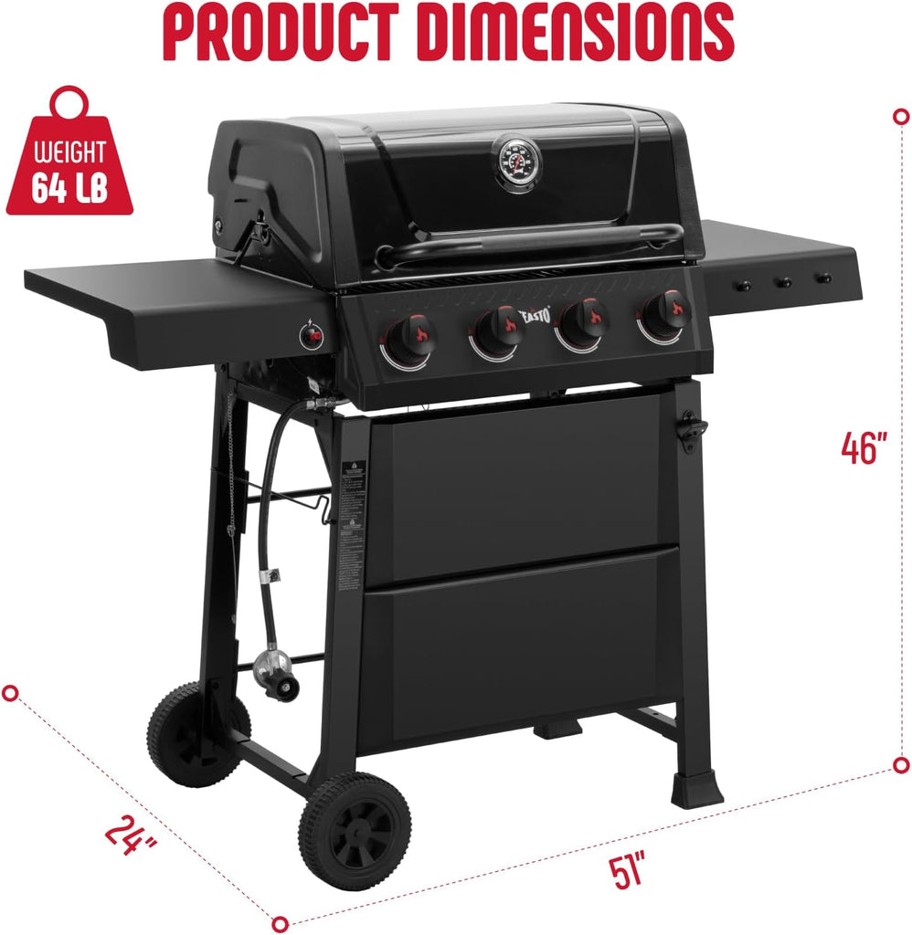 4-Burner Propane Gas Grill, 36,000 BTU BBQ Grill with Side Table, Premium Porcelain-Enameled Grates, Outdoor Patio and Backyard Cooking