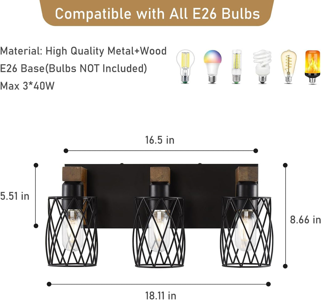 Farmhouse Bathroom Vanity Light, 3-Light Wood Bathroom Light Fixtures Over Mirror, Black Industrial Vanity Lights