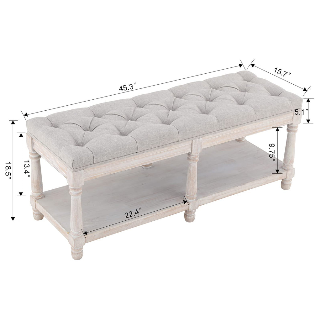 Mid Century Tufted Storage Bench with Shelf, Linen Upholstered Farmhouse Entryway Shoe Bench Ottoman Bed End Stool