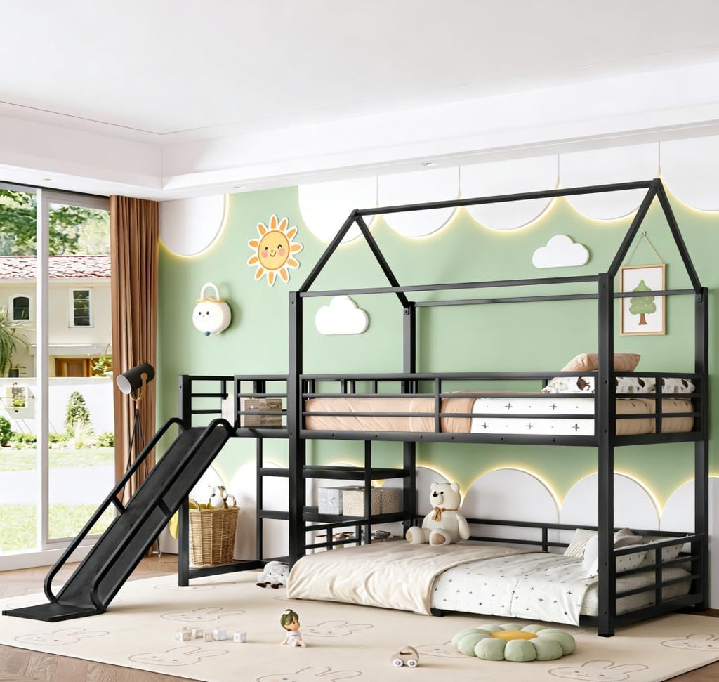 Metal Bunk beds Twin Over Twin with Slide and Storage Stairs, House Floor bunk Bed with guardrail for Kids,Black