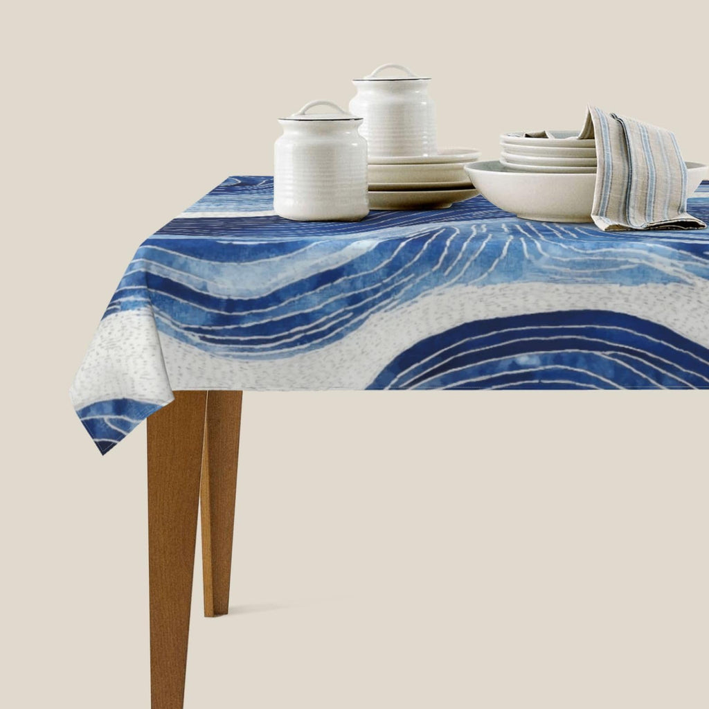 Blue Wave Abstract Rectangle Tablecloths, Polyester Waterproof Table Covers, Vibrant Geometric Wave Print Table Cloth