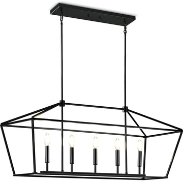 Farmhouse Chandelier 5-Lights Black Kitchen Island Dinning Light Fixtures Industrial Height Adjustable Hanging