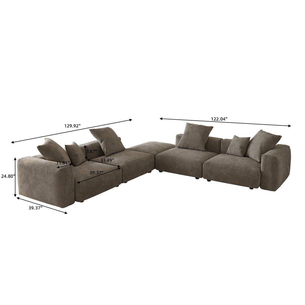 Oversized Modular Sectional Sofa with Ottomans, 5 Seater Corduroy V Shaped Reversible Corner Couch, 141.73" Convertible