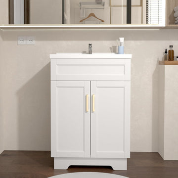 Bathroom Vanity with Ceramic Sink,Bathroom Vanities Cabinet with Large Storage Space, Wooden Bathroom Sink Cabinet for Apartment & Small Space (Milky White Finish, 24 Inch)