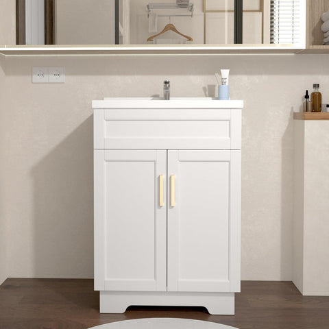 Bathroom Vanity with Ceramic Sink,Bathroom Vanities Cabinet with Large Storage Space, Wooden Bathroom Sink Cabinet for Apartment & Small Space (Milky White Finish, 24 Inch) A133-B0D6FGY21R
